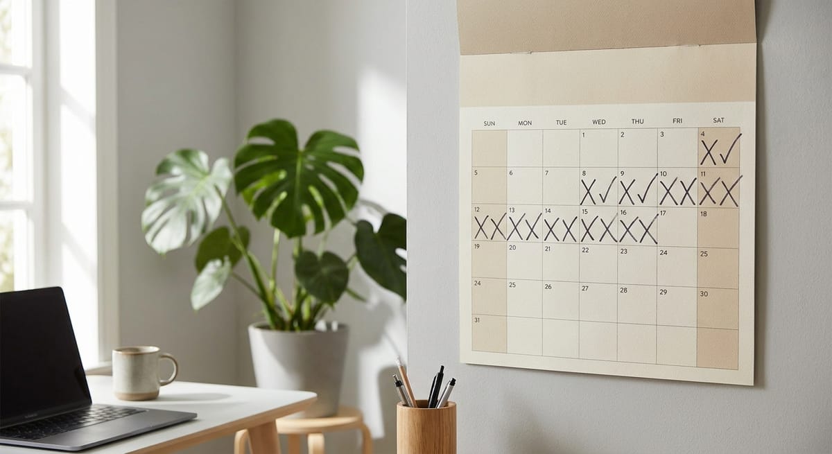 Does habit tracking work illustrated by a marked wall calendar with a chain of daily ticks