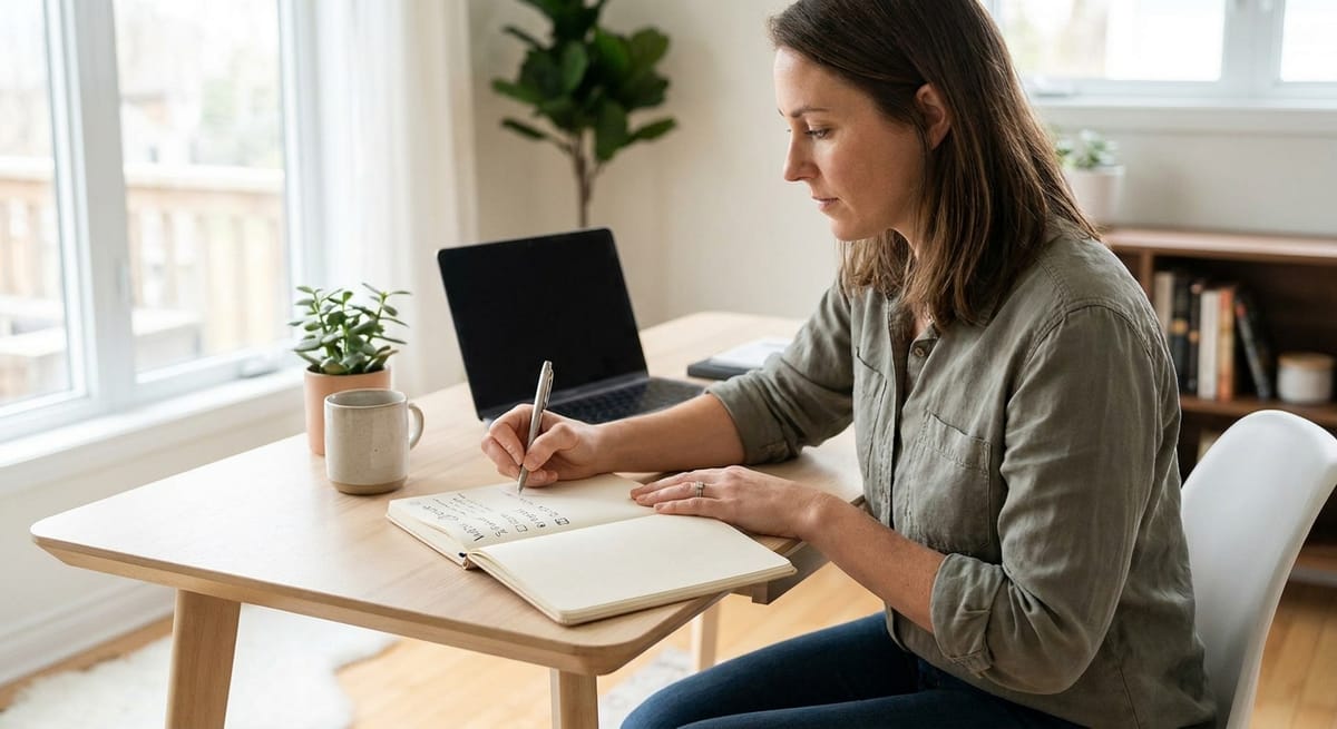 Does manifestation work — woman at desk writing WOOP method in notebook
