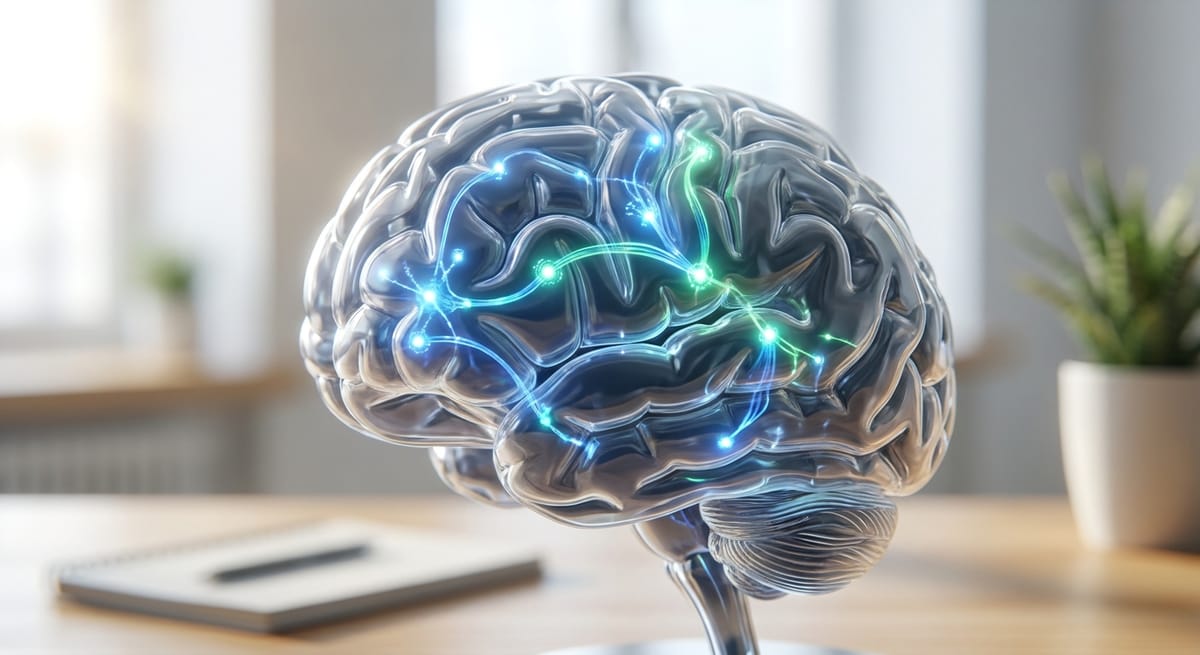 Stylised 3D brain model with glowing connected pathways, representing the cue-to-action link