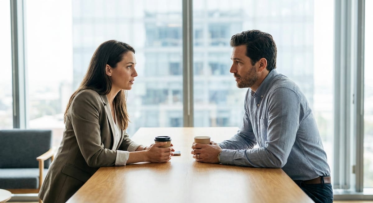 Two colleagues in an honest conversation about self-doubt — breaking the secrecy trap in overcoming imposter syndrome