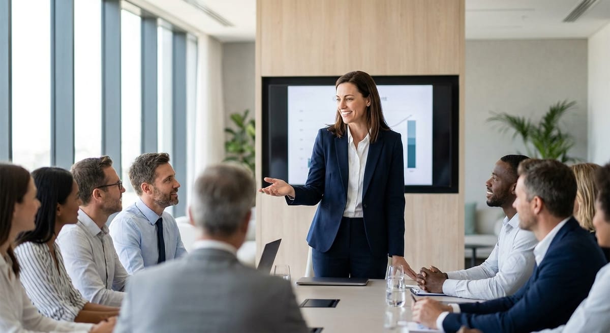 Woman confidently presenting in a boardroom — overcoming imposter syndrome in a professional setting