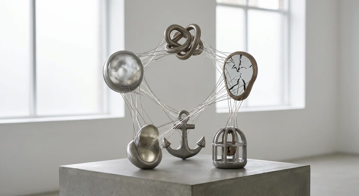 five archetypes of self-sabotage represented as symbolic sculpted objects — a tangled knot, a polished orb, a cracked mirror, an anchor, and a caged bell — linked by fine threads