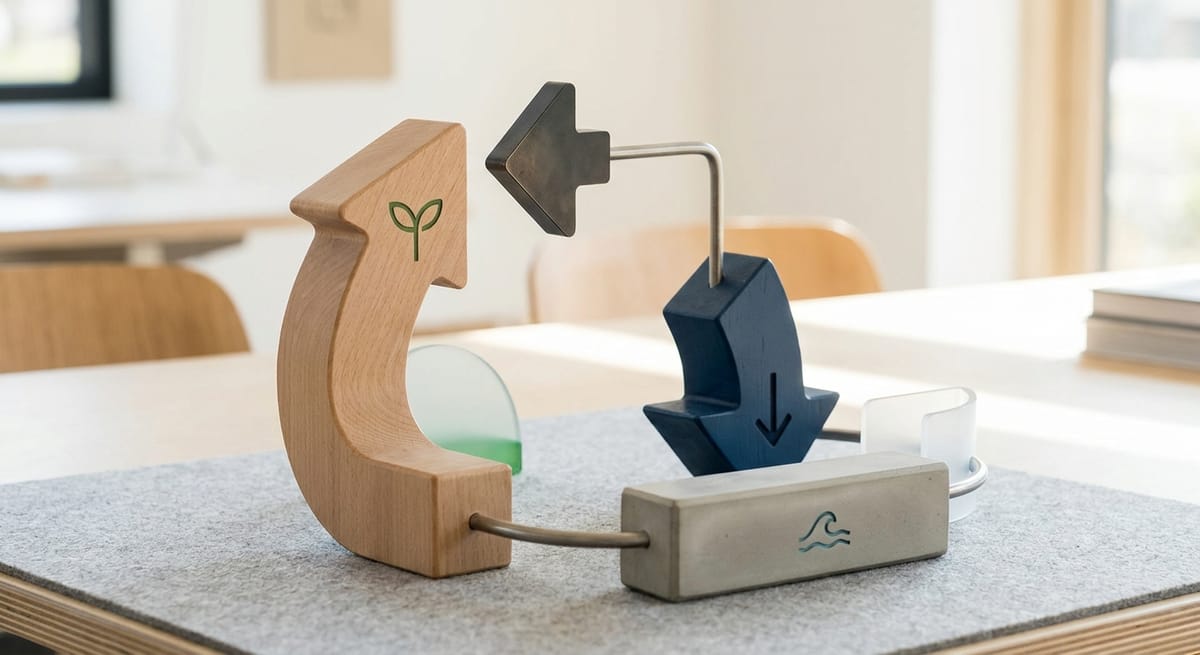 overcoming self-sabotage — sculptural loop of arrows: an upward growth arrow turned back and pulled down towards a calm baseline, representing the homeostatic loop