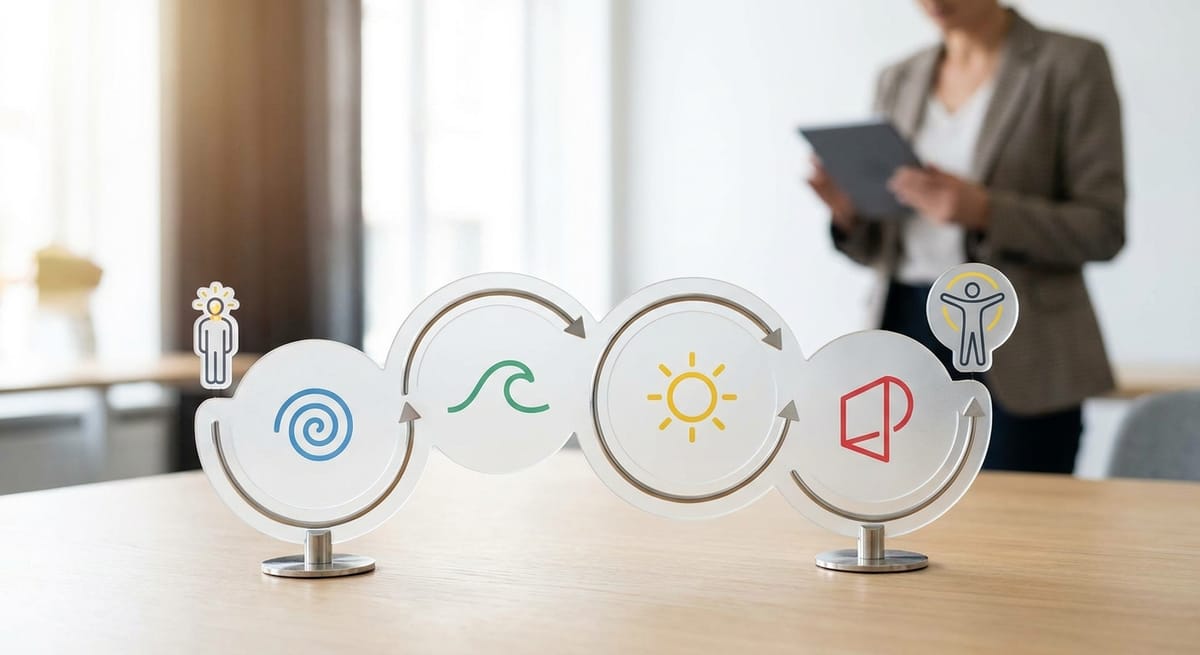 four connected circular icons on a desk stand, representing the four phases of the quantum mindset coaching framework