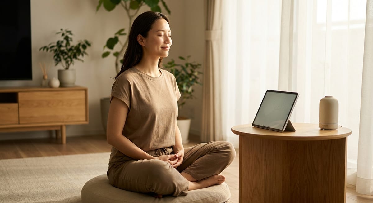 person practising morning coherence meditation as part of a quantum self-mastery daily routine